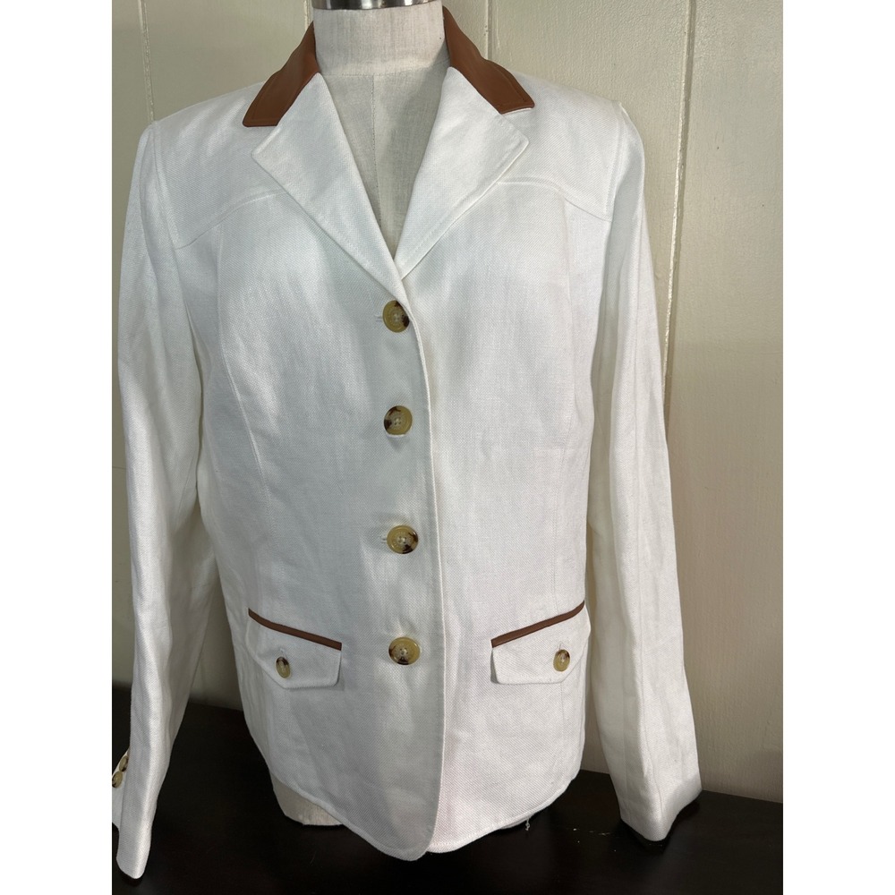 Lauren Ralph Lauren White Linen Equestrian Blazer Leather Trim NWT Size 16